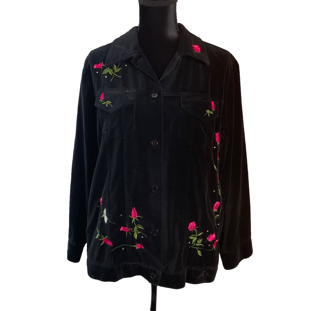 Quacker Factory Womens Medium Shirt Black Velvet Rose Embroidered Rhinestone